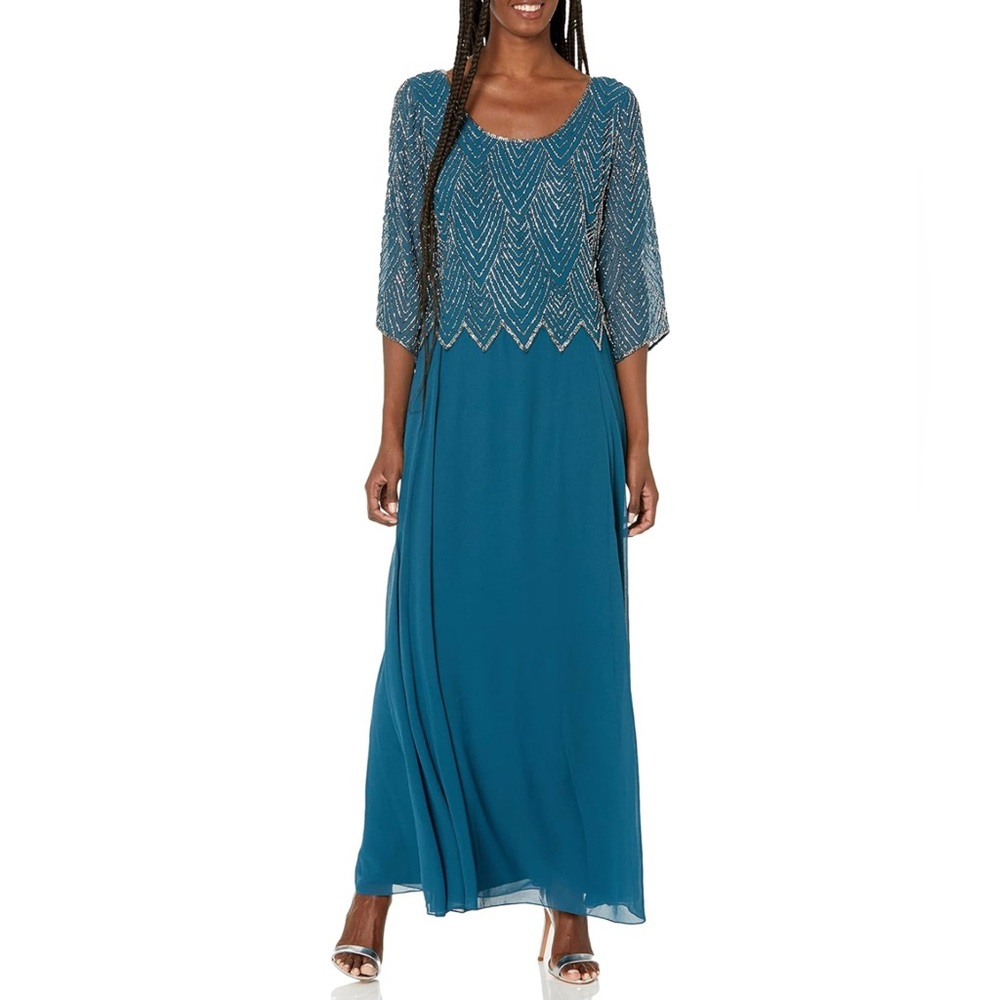 J Kara Women's Geometrical Beading 3/4 Sleeve Mock Flare Dress